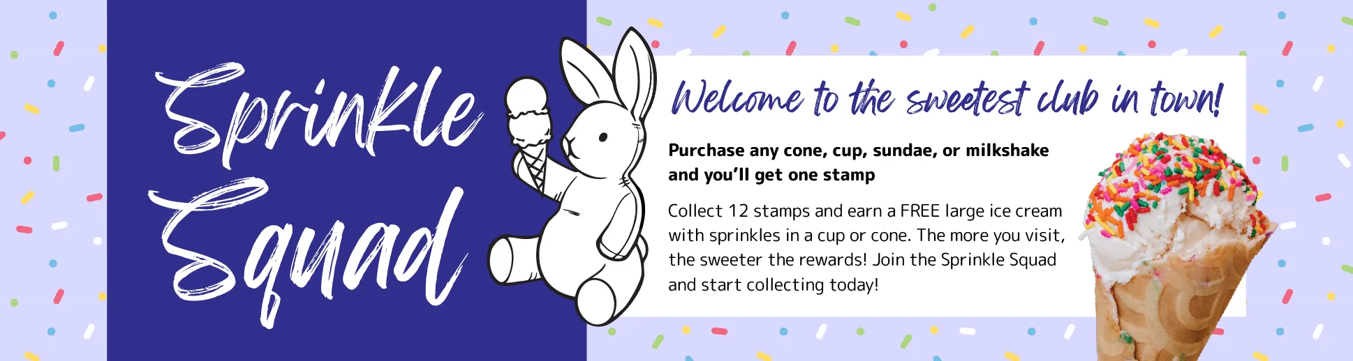 Sprinkle Squad — welcome to the sweetest club in town! Purchase any cone, cup, sundae, or milkshake and you'll get one stamp. Collect 12 stamps and earn a free large ice cream with sprinkles in a cup or cone.